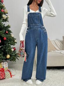 SHEIN PETITE Women's Pocketed Wide Leg Loose Casual Versatile Denim Bib Pants - Dark Wash - View 2