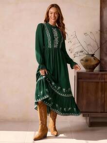 LanaWest Women's New Brown Round Neck Frill Trim Long Sleeve High Waist Flared Hem Retro Embroidered Wavy Hem Maxi Vintage Casual Bohemian Western Dress, Autumn/Winter - Dark Green - View 5