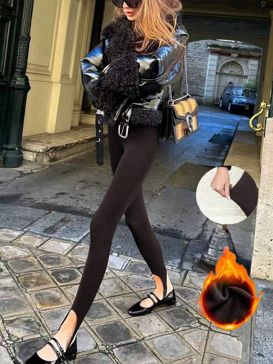 INAWLY Quần legging vải nỉ mỏng màu đen cao cấp thời trang thu đông mới cho nữ, đa năng và thon gọn - Cà phê nâu - Xem 1