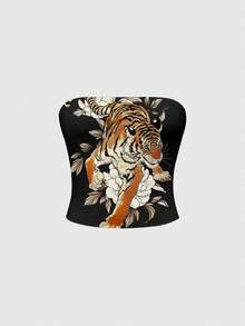 ROMWE Avant Tiger Graphic Sexy New Chinese Style Street Music Festival Crop Top For Women - Black - View 1