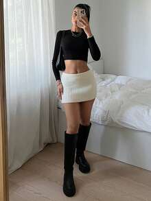 SHEIN EZwear 女士纯色罗纹针织毛衣和迷你裙，休闲日常穿着 - 杏色 - 查看 4