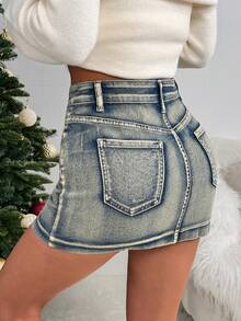 SHEIN ICON 复古休闲水洗修身牛仔迷你裙 - 深色水洗藍 - 查看 2