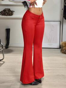 Jeanoix Y2K Fashion Casual V-Waist Low-Rise Coated Flare Pants - Red - View 4
