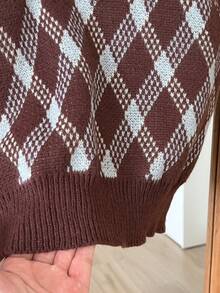 Siren Gaze 女士菱形图案翻领无袖休闲针织衫，棕色 Polo 领菱格纹针织衫，春季，女士嘉年华服装，休闲，女士毛衣背心，棕色针织衫，复古夏季 - 彩色 - 查看 6