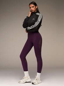 SHEIN BAE 无缝高弹力瑜伽运动紧身裤，带网眼面料 - 中紫紅色 - 查看 2