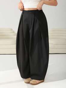 Solflare Vintage Casual Street Style Loose Fit Olive Green Curved Hem Plus Size Pants, Autumn/Winter - Black - View 4