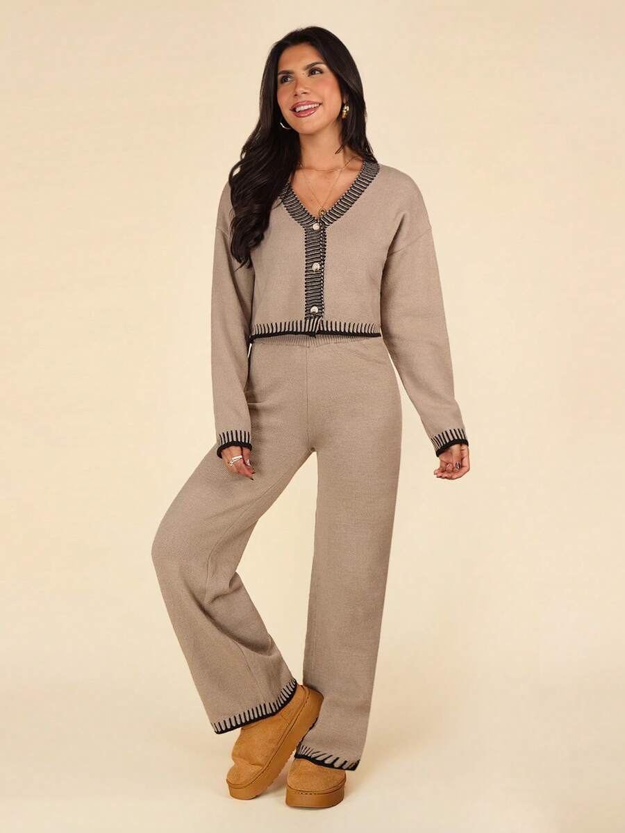 Coeurva 2st/set Dam Enfärgad Patchwork Front Långärmad Långärmad Tröja och Byxa Set - Kaki - Visa 1