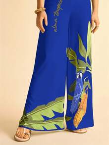 CAJUNI 女士杏色底椰子树和巨嘴鸟印花V领无袖休闲连体裤，夏季海滩度假 - 藍色 - 查看 3