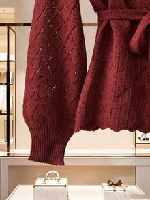 EMERY ROSE Surplice Neck Belted Pointelle Knit Cardigan,Long Sleeve Tops Fall Winter Cloth For Women - Burgundy - View 3