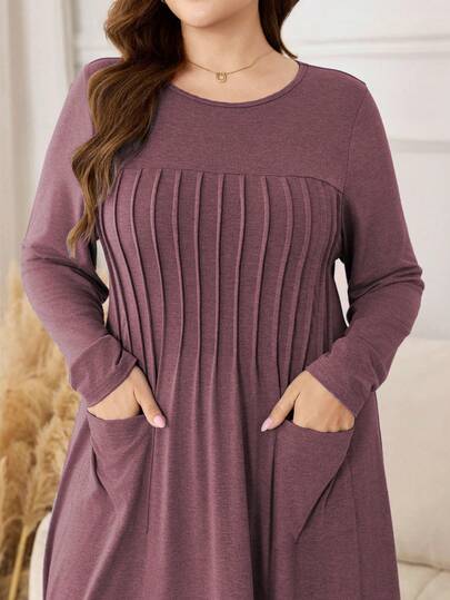 Lacomfia 针织弹力朦胧蓝长袖褶裥口袋简约休闲宽松柔软大码女式连衣裙