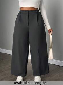 SHEIN PETITE CURVE Quần ống rộng đơn giản xếp ly trơn cỡ lớn - Xám - Xem 1