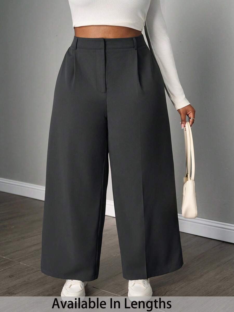 SHEIN PETITE CURVE Quần ống rộng đơn giản xếp ly trơn cỡ lớn - Xám - Xem 1