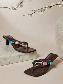 SHUZIA Women's Square Toe Casual Raffia Gem Stones Kitten Heel Thong Sandals Valentine's Day - Chocolate Brown - View 6