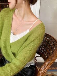 DAZY Women Soft Wool V-Neck Solid Color Slim Fit Sweater - Green - View 3