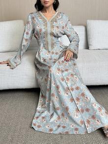 Al Najma 女士V领印花亮片装饰日常休闲阿拉伯风格连衣裙 - 彩色 - 查看 2