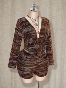 SHEIN ICON 大码女式人造毛皮露背系腰短裤套装 - 棕色 - 查看 5