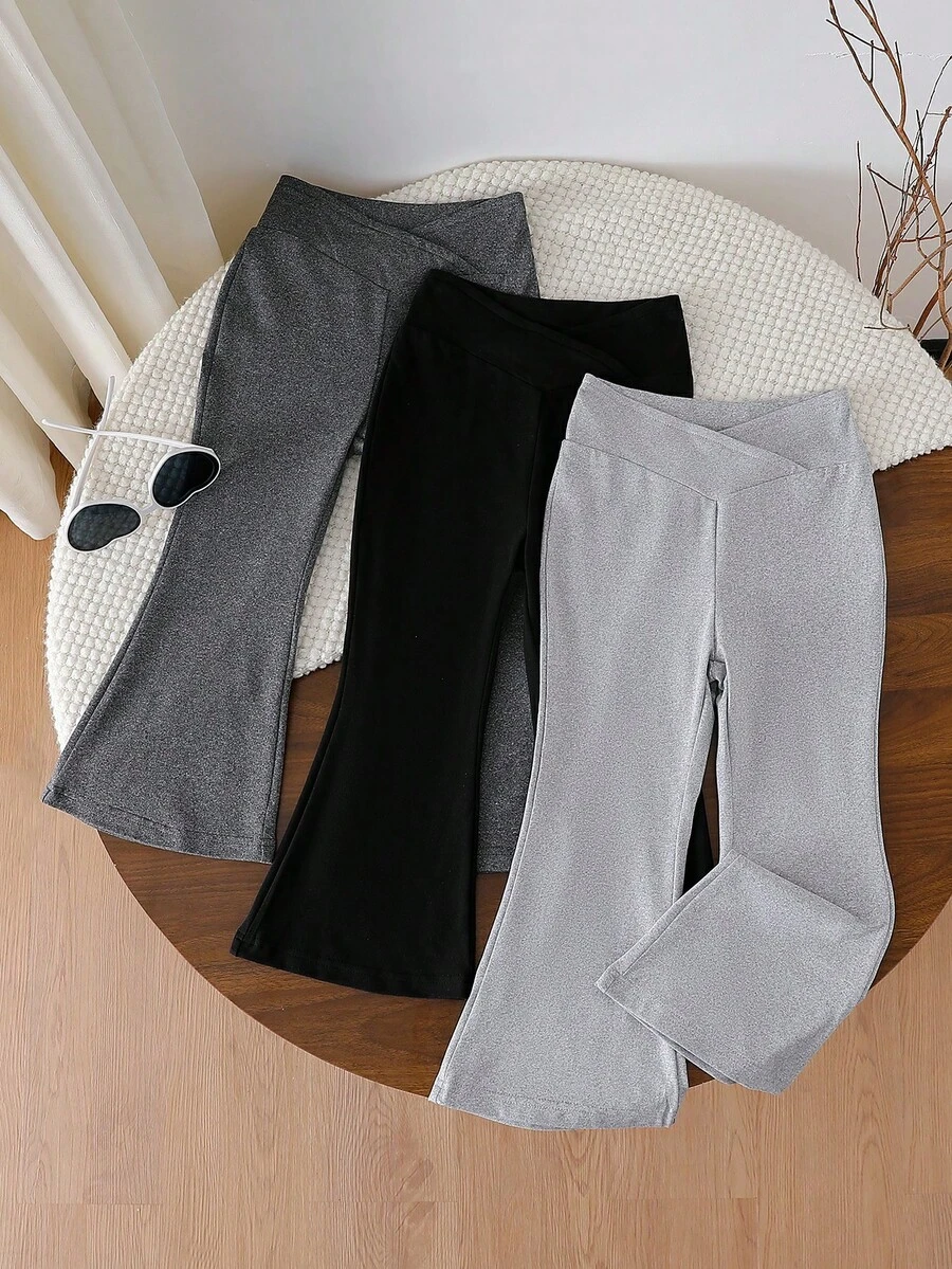 SHEIN Genkimix Kids 3件套女童基础款黑色、深灰色和浅灰色碎花高腰喇叭裤,适合春、秋、冬季日常穿着。女童喇叭裤/打底裤 - 彩色 - 查看 1