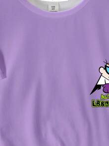 Dexter's Laboratory X SHEIN Áo thun tay ngắn cổ tròn in họa tiết hoạt hình màu tím đơn giản cho bé trai, mùa hè - trắng - Xem 5
