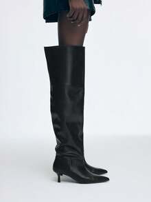 Mnmlis Damskie czarne zamszowe kozaki za kolano z noskiem w szpic, na wysokim obcasie, modne na jesień/zimę - Czarne - Zobacz 5