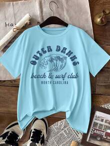 INAWLY Summer Round Neck Beach And Letter Pattern Women's T-Shirt Graphic Tees Women Tops - Blue - View 1