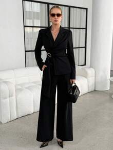 Lavishia V-Neck Metal Buckle Decor Ribbon Waist Suit 2 Pieces Set: Blazer + Pants - Black - View 3