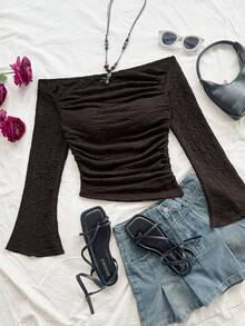 Soleia Plus Size Women's Light Brown Textured Knit Fabric Ruched Off Shoulder Flare Sleeve Fitted Vacation Blouse - Brown - View 3