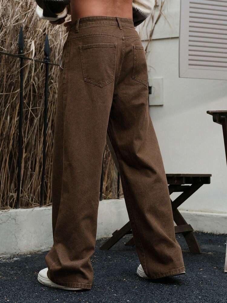 Men's Solid Brown Wide Leg Jeans, Autumn