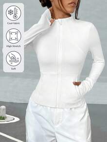 SHEIN EZwear Áo khoác thể thao nữ có khóa kéo toàn thân, thoáng khí, nhẹ, thích hợp cho chạy bộ, tập thể dục, yoga vào mùa thu/đông. - trắng - Xem 1