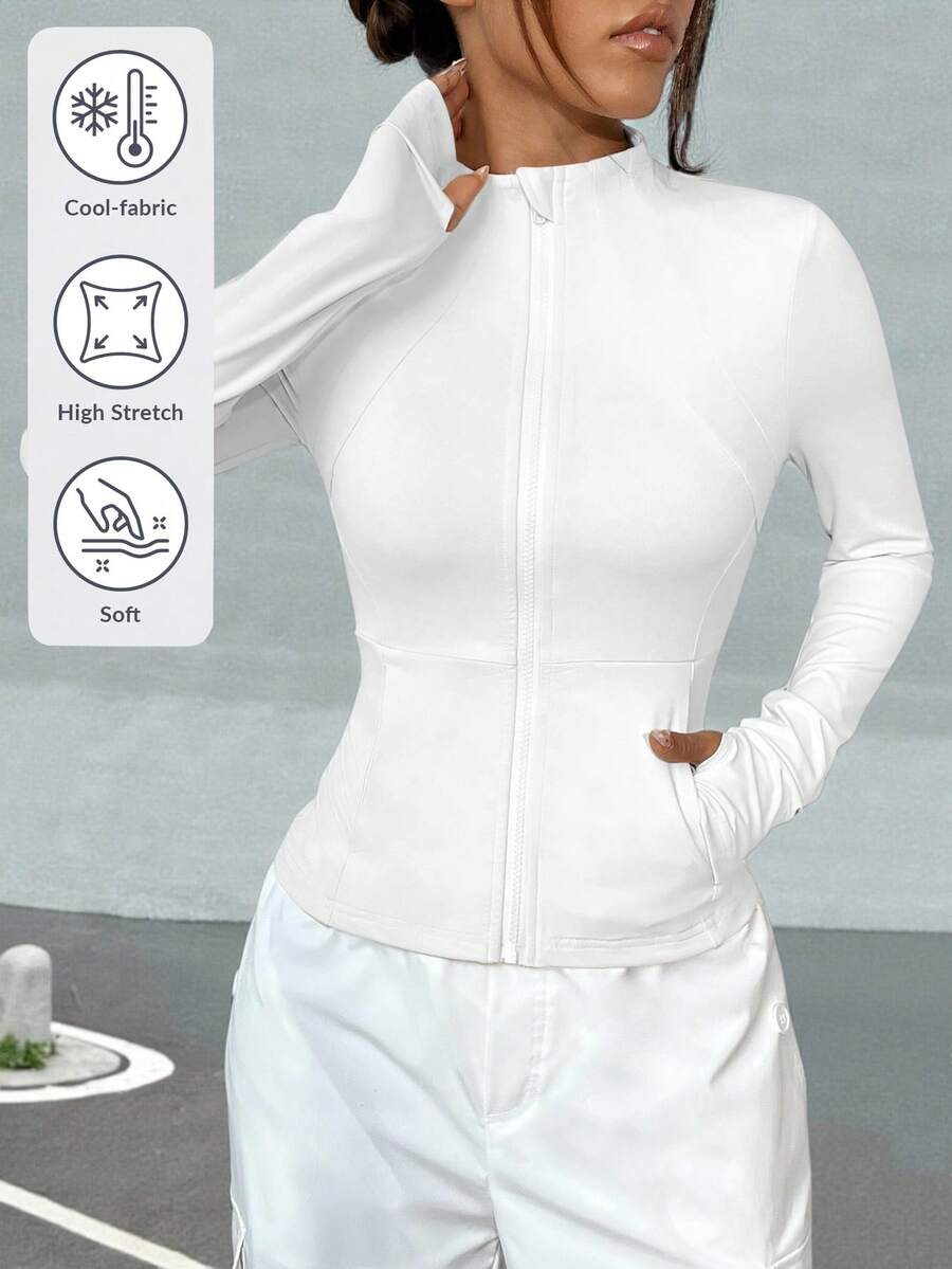 SHEIN EZwear Áo khoác thể thao nữ có khóa kéo toàn thân, thoáng khí, nhẹ, thích hợp cho chạy bộ, tập thể dục, yoga vào mùa thu/đông. - trắng - Xem 1