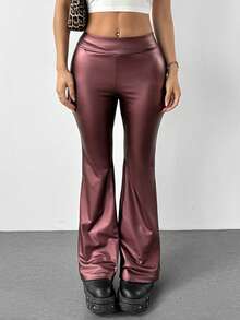 SHEIN PETITE Quần legging ống loe co giãn cao bằng da PU dành cho nữ - Màu Đỏ Sâu - Xem 6