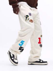 SUMWON Badge Decorated Fleece Sweatpants With Sports And Varsity Number Patches Drawstring Waist Casual Lounge Pants - Apricot - View 4