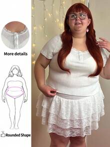 Enliva Abidrinkell Plus Size White Lace Decor Knit Jacquard Short Sleeve T-Shirt, For Apple Rounded Body Shape - White - View 1