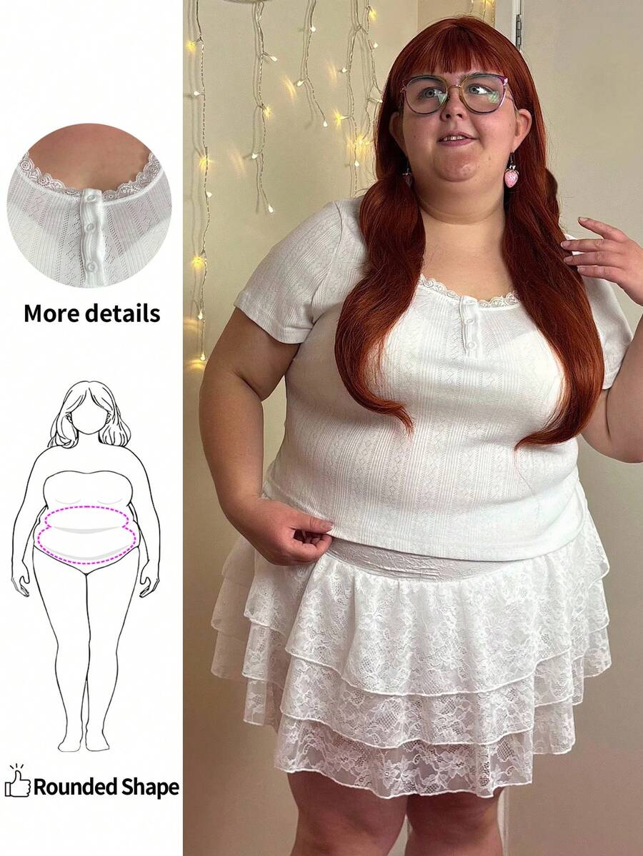 Enliva Abidrinkell Plus Size White Lace Decor Knit Jacquard Short Sleeve T-Shirt, For Apple Rounded Body Shape - White - View 1
