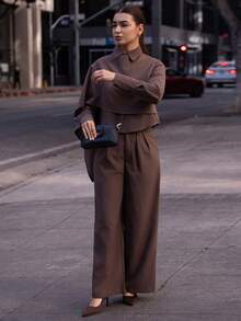 Andrea Bello 秋冬款女士高腰收腰中长款西装外套（披肩袖）2 件套 - 咖啡棕 - 查看 5
