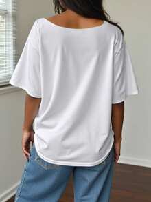 INAWLY Women's Simple Print Oversized Collar T-Shirt - White - View 2