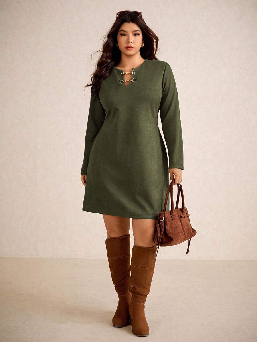 Elaquor Vestido casual recto de manga larga con diseño de collar de cadena para mujer de talla grande - Verde militar - Ver 1