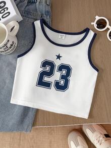 SHEIN Young Girl Casual Numeric Print Tank Top, Summer - White - View 3