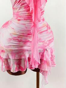 Amplova Vestido mini con escote en V profundo, volantes, lazo y estampado floral con volante en el bajo - Rosa - Ver 6