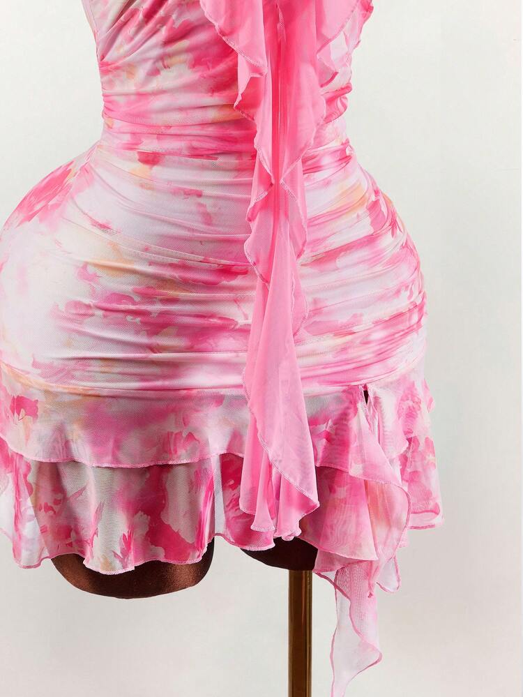 Amplova Vestido mini con escote en V profundo, volantes, lazo y estampado floral con volante en el bajo - Rosa - Añade 6