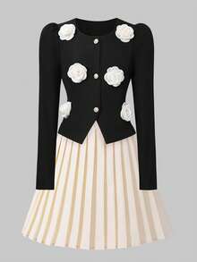 Sparklyn Conjunto de blusa para niñas, blusa negra combinada con falda plisada rosa, decoración floral 3D, estilo elegante para primavera/otoño - Champán - Ver 4