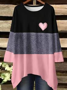 EMERY ROSE Contrast Color Round Neck Long Sleeve Heart Pattern Casual Top - Black - View 4