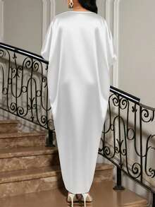 SHEIN Lady 四季皆宜的节日礼服/婚礼宾客/礼服/舞会礼服/金色/晚宴礼服/金色女士缎面提花前开衩连衣裙，休闲派对优雅 - 白色 - 查看 2