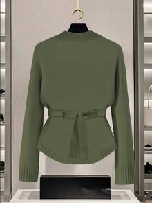 GlowEve Women's Blue Sweater, New Autumn/Winter Metal Button Asymmetrical Closure Cardigan, Versatile & Minimalist Design For Commuting - Army Green - View 2