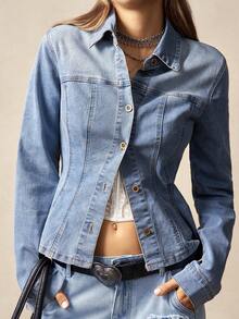 Bohemela 女士长袖单排扣休闲/工作牛仔衬衫 - 藍色 - 查看 5