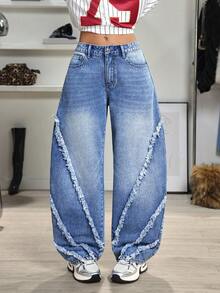 Jeanoix Y2K 时尚休闲毛边喇叭宽松牛仔裤 - 中等水洗藍 - 查看 1