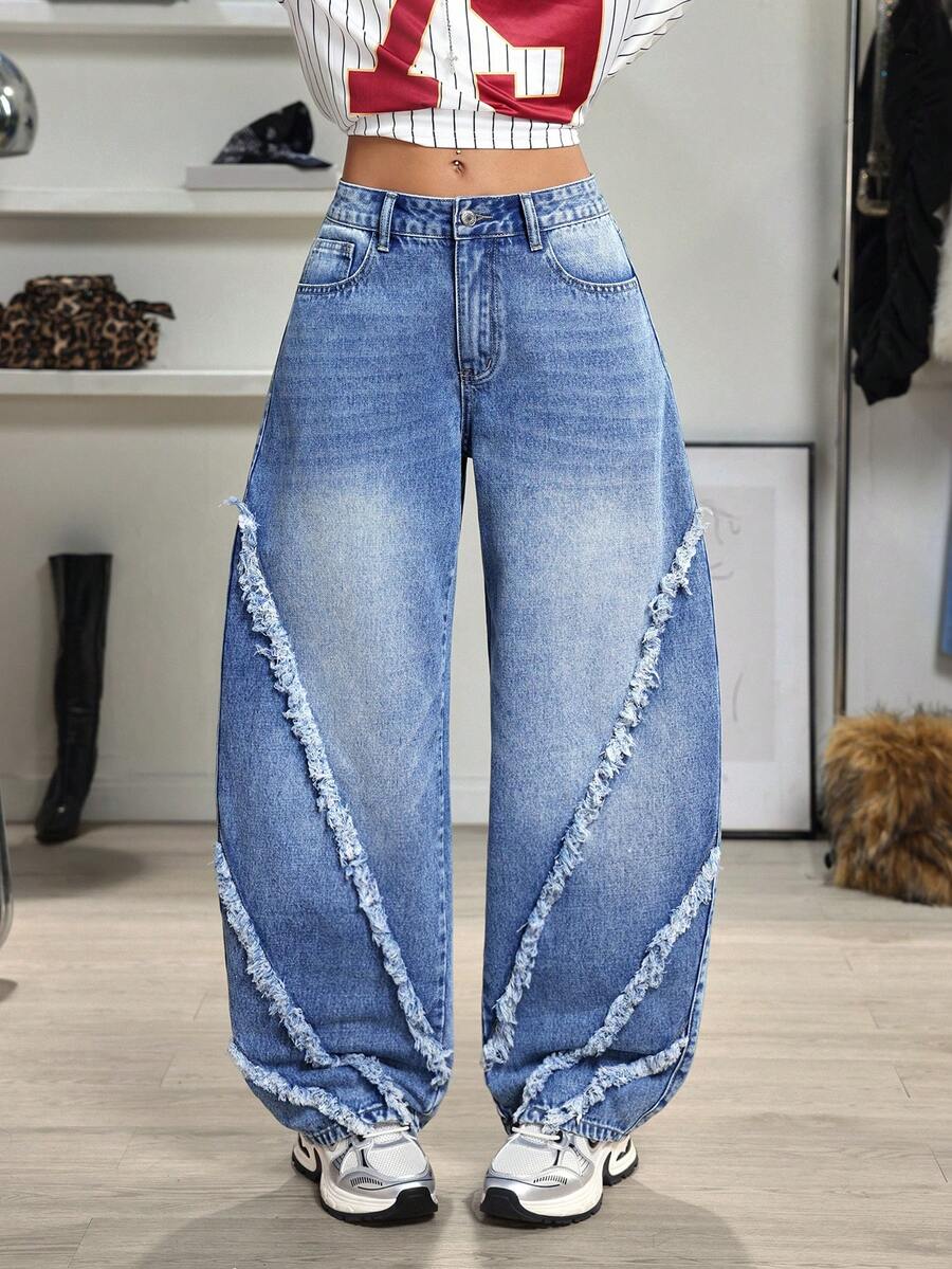 Jeanoix Y2K 时尚休闲毛边喇叭宽松牛仔裤 - 中等水洗藍 - 查看 1
