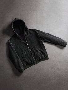 SLATEMANN Manfinity Streetrush 男士街头风格流行 INS 搭配水洗复古深色哥特式休闲街头服饰，男友/丈夫礼物，周年纪念礼物，时尚拉链黑色水洗连帽衫，秋冬 - 黑色 - 查看 3