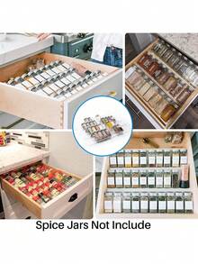 1 pieza Organizador de cajón de especias - Expandible, Acrílico, Ajuste personalizado - Organiza los cajones de la cocina, Estante para frascos de especias, Armarios, Despensa - Blanco - Ver 8