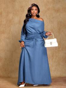 Brilight Damen Einfarbiges Kleid mit asymmetrischem Kragen, Langarm und plissiertem Saum - Grau-Blau - Übersicht 4