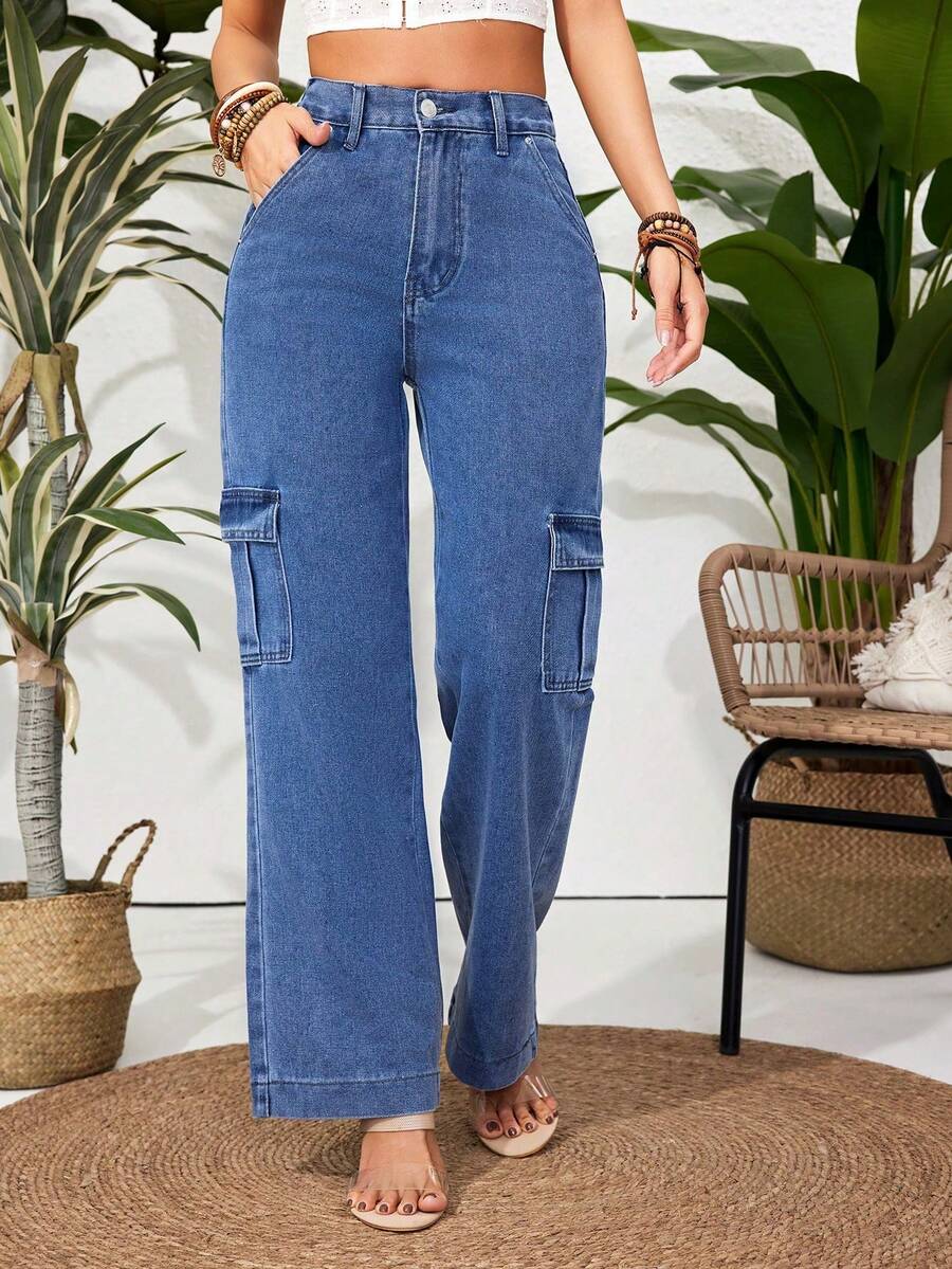 Mezclilla Pantalones cargos rectos gris sólidos, casuales y elegantes para mujer adecuados para uso diario, oficina, citas y vacaciones. - Azul - Ver 1